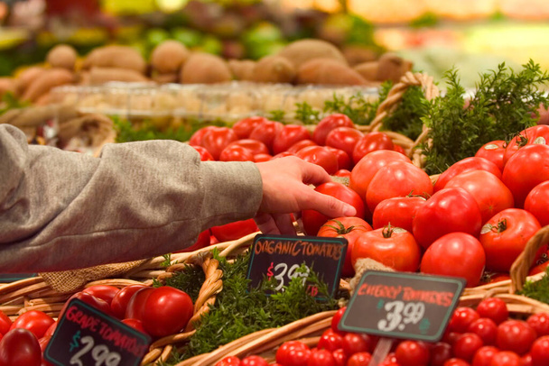 Choosing organic tomatoes in the produce section of American supermarket - 写真・画像