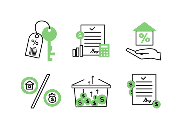 Finance icons. Financial services icons set. Mortgage, financial exchange icons. In the palm of your hand is a house with a percentage, a key with a keychain, on which coins and a percentage. - Vector, Image