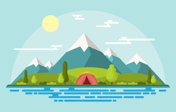 Camping Adventure Outdoor Park Mountain Nature Landscape Cartoon Illustration - Vector, Image