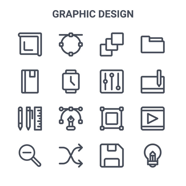 Satz von 16 Grafikdesign-Konzeptvektorzeilensymbolen. 64x64 Thin Stroke Icons wie Notizbuch, Tablet, Transformation, Shuffle, Idee, Diskette, Equalizer, Ordner - Vektor, Bild