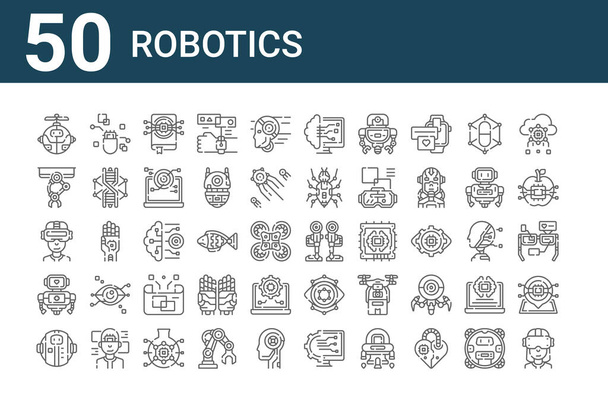 набор из 50 икон робототехники. контур тонкие линии иконки, такие как очки виртуальной реальности, робот, робот, очки виртуальной реальности, роботизированные руки, таблетки, роботизированные ноги
 - Вектор,изображение