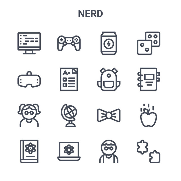 jeu de 16 icônes de ligne vectorielle concept nerd. 64x64 icônes fine course tels que contrôleur de jeu, lunettes vr, ordinateur portable, noeud papillon, molécule, pièce de puzzle, nerd, sac d'école, dés - Vecteur, image