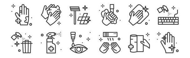 12 ikon higieny liniowej. cienki zarys ikon, takich jak ręka, suszarka do rąk, środek dezynfekujący, wycierać, podłogi, wycierać do sieci, mobilne - Wektor, obraz