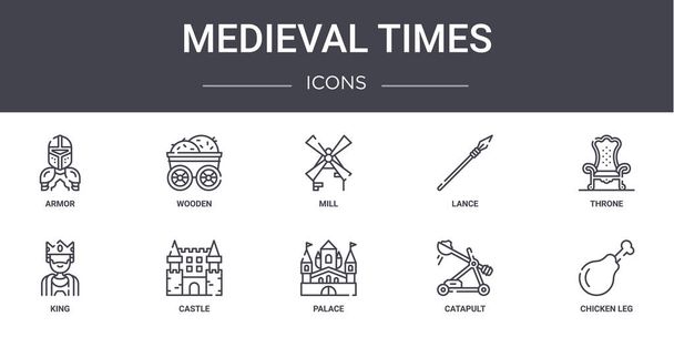 époque médiévale concept ligne icônes ensemble. contient des icônes utilisables pour le web, logo, ui / ux tels que bois, lance, roi, palais, catapulte, cuisse de poulet, trône, moulin - Vecteur, image