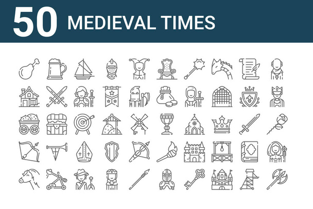 50個の中世のアイコンのセットです。斧、馬、矢、木、中世の家、ビヤマグカップ、聖杯、玉座、ダーツボード、トーチなどの細い線のアイコンの概要 - ベクター画像