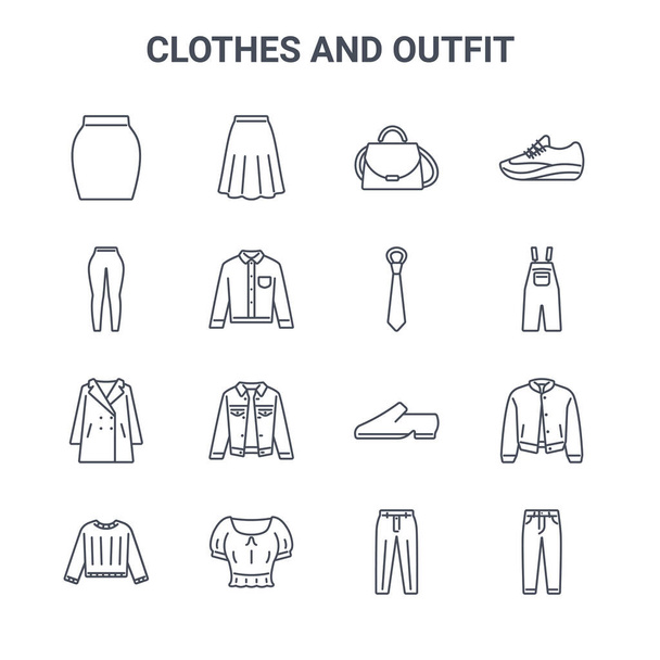 set van 16 kleding en outfit concept vector lijn pictogrammen. 64x64 dunne slag iconen zoals rok, legging, overall, schoen, gewas top, jeans, broek, das, sportschoen - Vector, afbeelding