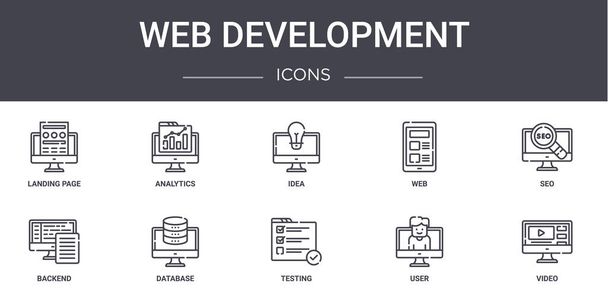 Web開発コンセプトラインのアイコンを設定します。ウェブ、ロゴ、分析、ウェブ、バックエンド、テスト、ユーザー、ビデオ、 SEO 、アイデアなどのui/uxに使用できるアイコンが含まれています - ベクター画像