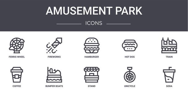 sada ikon konceptů zábavního parku. obsahuje ikony použitelné pro web, logo, ui / ux, jako je ohňostroj, hot dog, káva, stojan, jednokolka, soda, vlak, hamburger - Vektor, obrázek