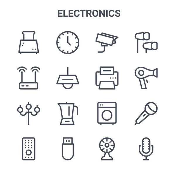 Satz von 16 Elektronik-Konzeptvektorzeilensymbolen. 64x64 Symbole für dünne Striche wie Uhr, drahtloser Router, Haartrockner, Waschmaschine, Stick, Mikrofon, Kühler, Faxgerät, Ohrhörer - Vektor, Bild
