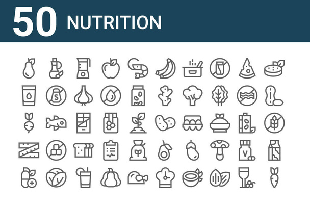 set van 50 voeding pictogrammen. schets dunne lijn pictogrammen zoals wortel, vitamine, meetlint, radijs, water, olijfolie, aardappel - Vector, afbeelding