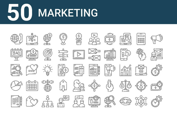 set van 50 marketing iconen. schets dunne lijn pictogrammen zoals time management, artikel, taart grafiek, analytics, reclame, organische, rapport - Vector, afbeelding