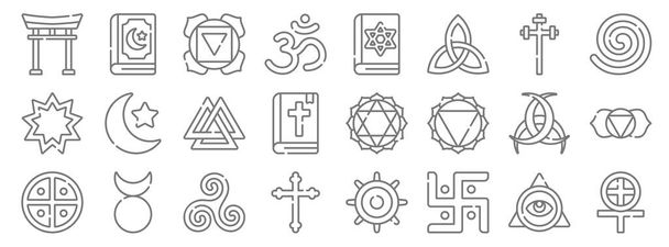 símbolos espirituales línea de iconos. Conjunto lineal. calidad vector línea conjunto como el paganismo, jain, cruz, nativo, cuerno de odin, valknut, nativo, judío, quran
 - Vector, Imagen