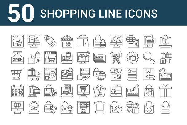 conjunto de 50 iconos de línea de compras iconos. contorno de línea delgada iconos tales como bolsa de la compra, motor de búsqueda, horario, carrito de la compra, abierto, tienda en línea, protección
 - Vector, Imagen