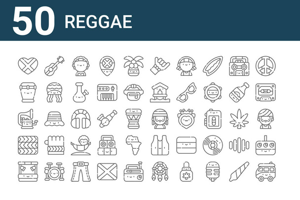 Set von 50 Reggae-Ikonen. umreißen dünne Linien Ikonen wie Van, Bühne, Reggae, Grammophon, Bongo, Akustikgitarre, Reggae - Vektor, Bild