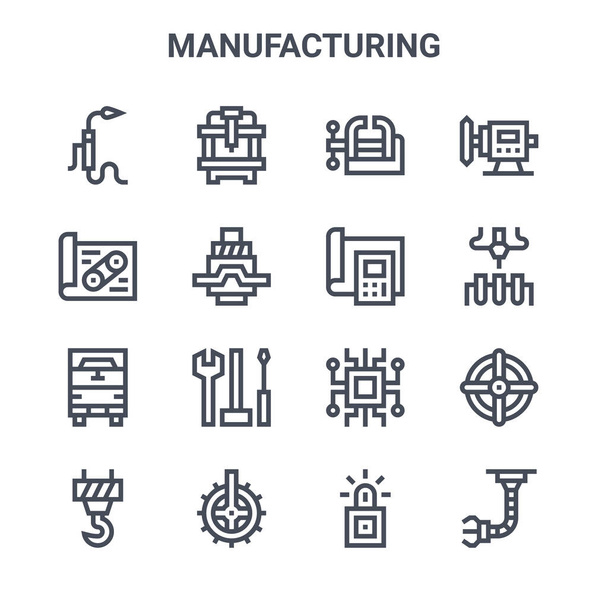 set of 16 manufacturing concept vector line icons. 64x64 thin stroke icons such as lathe machine, de, manufacturing, microprocessor, cogwheel, robot arm, siren, calculator, buffing - Vector, Image