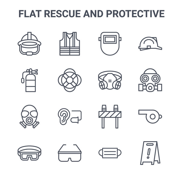 16個のフラットレスキューと保護コンセプト・ベクトル・ライン・アイコンのセット。人生ベスト、ガスマスク、道路ブロック、メガネ、警告、医療マスク、安全マスク、ヘルメットなどの64x64薄型ストロークアイコン - ベクター画像