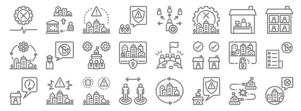 lockdown line icons. linear set. quality vector line set such as shutdown, policy, space, stay at home, unlock, government, quarantine, disease, prison - Vector, Image