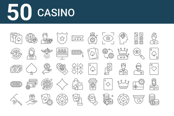sada 50 ikon kasina. obrys tenké čáry ikony, jako jsou mince, kasino, karetní hra, peníze, poker čip, globální, pokerové karty - Vektor, obrázek