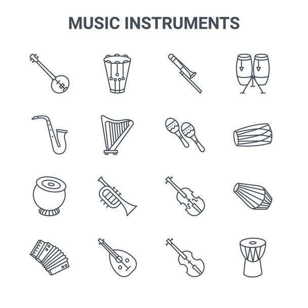 készlet 16 hangszerek koncepció vektor vonal ikonok. 64x64 vékony vonalú ikonok, mint a snare dob, szaxofon, dholak, hegedű, hangszer, djembe, hegedű, maracas, konga - Vektor, kép