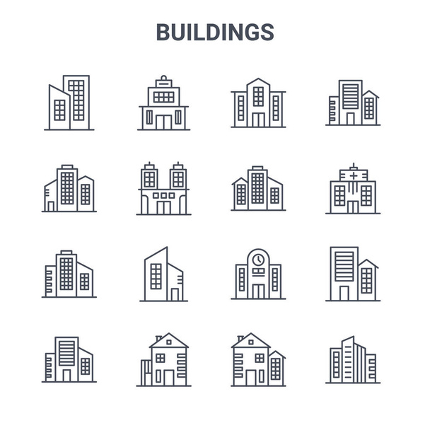 conjunto de 16 edificios iconos concepto de línea vectorial. 64x64 iconos de trazo delgado como edificio, edificio, edificio
, - Vector, Imagen