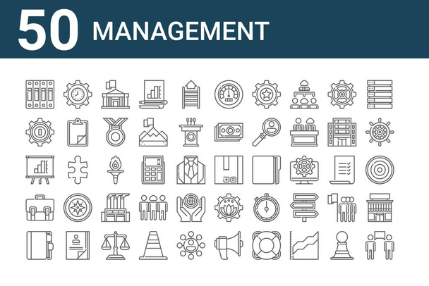 conjunto de 50 iconos de gestión. esbozar iconos de línea delgada como la comunicación, libro de citas, negocio, presentación, gestión, gestión del tiempo, caja
 - Vector, imagen