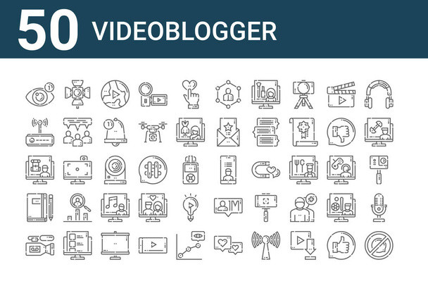 joukko 50 videoblogger kuvakkeet. hahmotella ohut viiva kuvakkeet kuten ei, videonauhuri, muistiinpanot, reppu, wifi reititin, valokeila, profiili - Vektori, kuva