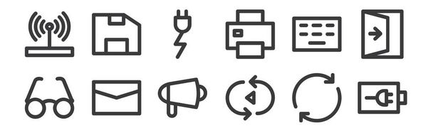 12 set di icone dell'interfaccia utente lineare. icone contorno sottile come lo stato della batteria, autoplay, lettera, hardware, energia, salvare file per il web, mobile - Vettoriali, immagini