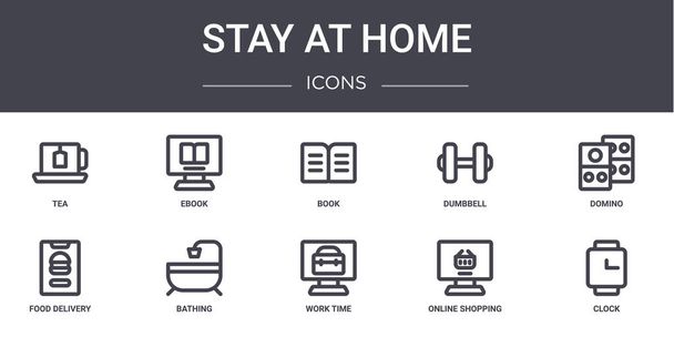 μείνετε στο σπίτι εικονίδια έννοια γραμμή που. περιέχει εικόνες που μπορούν να χρησιμοποιηθούν για web, λογότυπο, ui / ux, όπως ebook, dumbbell, παράδοση τροφίμων, χρόνος εργασίας, online αγορές, ρολόι, ντόμινο, βιβλίο - Διάνυσμα, εικόνα