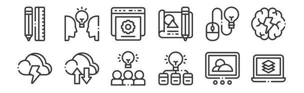 12 conjunto de ícones de pensamento de design linear. ícones de contorno fino, como laptop, lâmpada, nuvem, mouse, site, pessoas para web, celular
 - Vetor, Imagem
