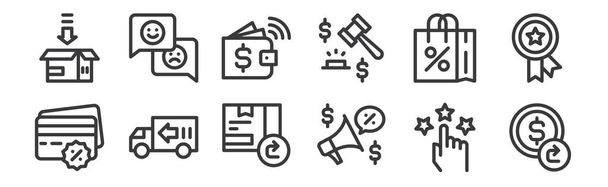 12 set di icone lineari del commercio elettronico. icone sottili contorno come il rimborso, promozione, camion di consegna, shopping bag, e portafoglio, feedback dei clienti per il web, mobile - Vettoriali, immagini