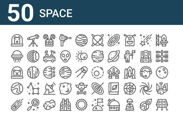 set van 50 ruimte iconen. schets dunne lijn pictogrammen zoals maanmodule, meteoriet, aarde, kat, ufo, telescoop, baan, planeet,, zwart gat - Vector, afbeelding
