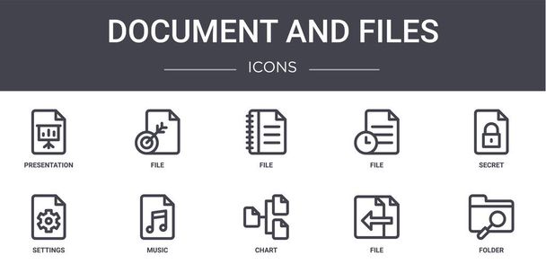 ドキュメントとファイルのコンセプトラインのアイコンが設定されます。Web 、ロゴ、ファイル、設定、チャート、ファイル、フォルダ、秘密などのui/uxに使用できるアイコンが含まれています, - ベクター画像
