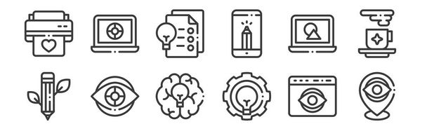 12 conjunto de ícones de pensamento de design linear. ícones de contorno fino, como localização, lâmpada, olho, laptop, arquivos, laptop para web, celular
 - Vetor, Imagem