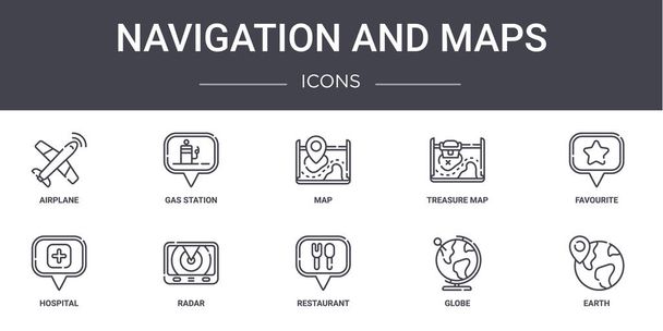 navigazione e mappe concetto linea icone impostate. contiene icone utilizzabili per il web, logo, ui / ux come stazione di servizio, mappa del tesoro, ospedale, ristorante, globo, terra, preferito, mappa - Vettoriali, immagini