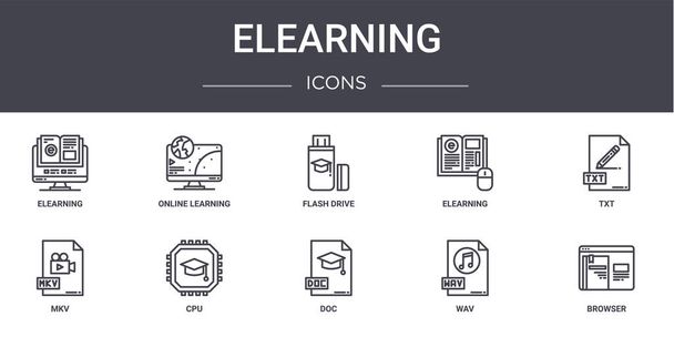 Elearning concept line icons set. contiene iconos utilizables para la web, logotipo, ui / ux como el aprendizaje en línea, elearning, mkv, doc, wav, navegador, txt, unidad flash
 - Vector, Imagen