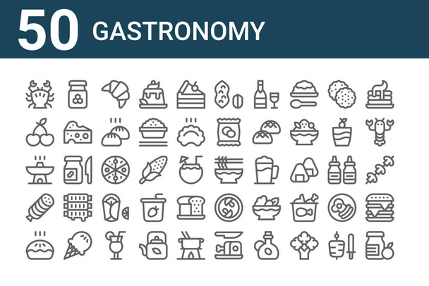 zestaw 50 ikon gastronomicznych. zarys cienkiej linii ikon, takich jak dżem, ciasto, szynka, hot pot, wiśnia, miód, makaron - Wektor, obraz