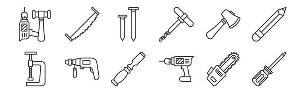 12 conjunto de iconos de carpintería lineal. iconos delgados como destornillador, taladradora, taladro, hacha, clavos, sierra de mano para web, móvil
 - Vector, imagen