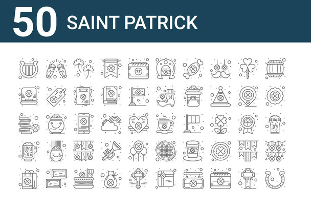 Zestaw 50 ikon świętego Patricka. zarys cienkiej linii ikon, takich jak podkowy, torba, alkohol, monety, kapelusz, uroczystości, kawa - Wektor, obraz