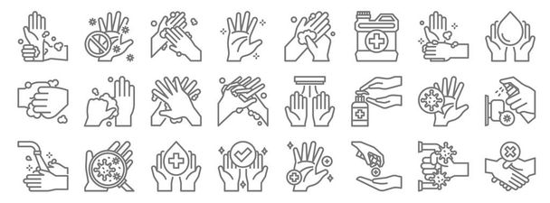 мити піктограми ручної лінії. лінійний набір. якісний векторний набір ліній, такий як рукостискання, дезінфікуючий засіб для рук, рука, миття рук, миття рук, долоні, не торкатися
 - Вектор, зображення