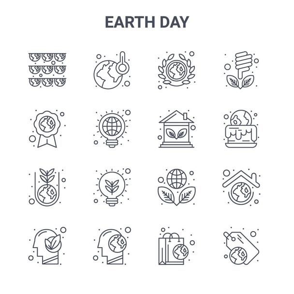 set of 16 earth day concept vector line icons. 64x64 thin stroke icons such as global warming, eco friendly, earth day, eco friendly, think, reuse, recycled bag, eco house, save energy - Vector, Image