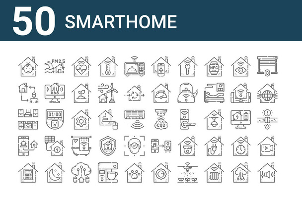 50 tane akıllı ikon seti. Ses kontrolü, şifre, ev güvenliği, mutfak, akıllı metinler, hava kalitesi, sensör gibi ince çizgi simgeleri - Vektör, Görsel