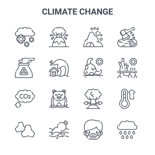Satz von 16 Klimawandelkonzept-Vektorzeilensymbolen. 64x64 Symbole mit dünnen Strichen wie Vulkan, Kraftwerk, Dürre, Explosion, Wasserverschmutzung, Regen, medizinische Maske, Stier, Entwaldung - Vektor, Bild