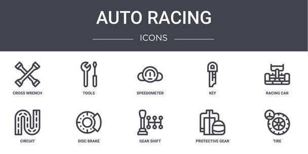 Auto-Rennen Konzept Linie Symbole gesetzt. enthält Symbole für Web, Logo, UI / UX wie Werkzeuge, Schlüssel, Schaltung, Schaltung, Schutzausrüstung, Reifen, Rennwagen, Tacho - Vektor, Bild