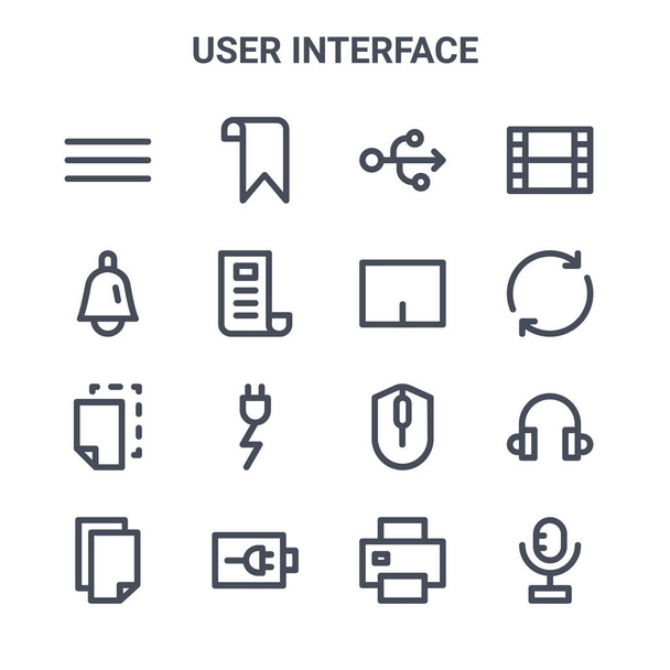 conjunto de 16 iconos de línea de vectores de concepto de interfaz de usuario. 64x64 iconos de trazo delgado como marcador, campana, actualizar, ratón de la computadora, estado de la batería, micrófono, impresora, touchpad, video
 - Vector, Imagen