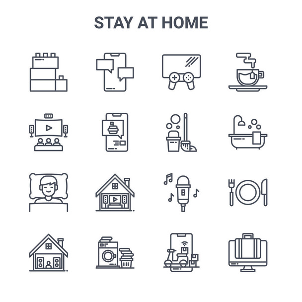 set of 16 stay at home concept vector line icons. 64x64 thin stroke icons such as chat, home theater, bathing, microphone, washing machine, working, delivery, cleaning, tea - Vector, Image