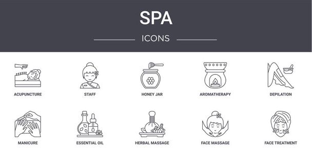 concept spa ligne icônes ensemble. contient des icônes utilisables pour le web, logo, ui / ux tels que le personnel, aromathérapie, manucure, massage aux herbes, massage du visage, traitement du visage, épilation, pot de miel - Vecteur, image