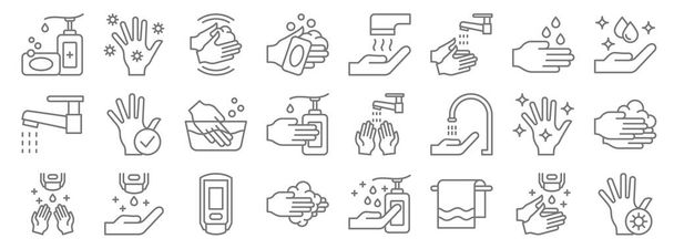 lavarse las manos iconos de línea. Conjunto lineal. conjunto de línea de vectores de calidad, como manos, toallas, lavado de manos, desinfectante de manos, lavado, secadora
, - Vector, imagen