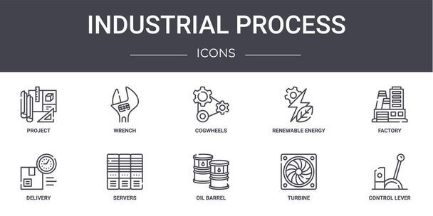 icônes de ligne de concept de processus industriel ensemble. contient des icônes utilisables pour le web, logo, ui / ux tels que clé, énergie renouvelable, livraison, baril d'huile, turbine, levier de commande, usine, roues dentées - Vecteur, image