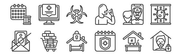 12 set of linear self isolation icons. thin outline icons such as quarantine, quarantine, bulk buying, facetime, biohazard, medical assistance for web, mobile - Vector, Image