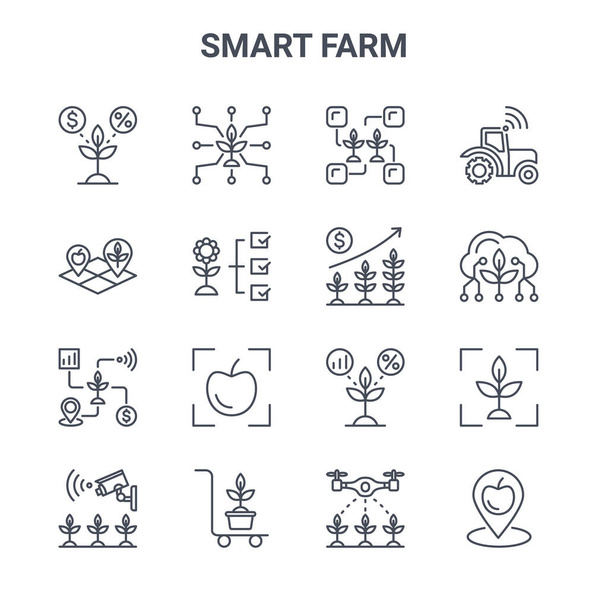 conjunto de 16 ícones de linha vetorial conceito smart farm. 64x64 ícones de curso fino, como fazenda inteligente, terra, nuvem, planta, carrinho, lugar, drone, plantas, trator
 - Vetor, Imagem